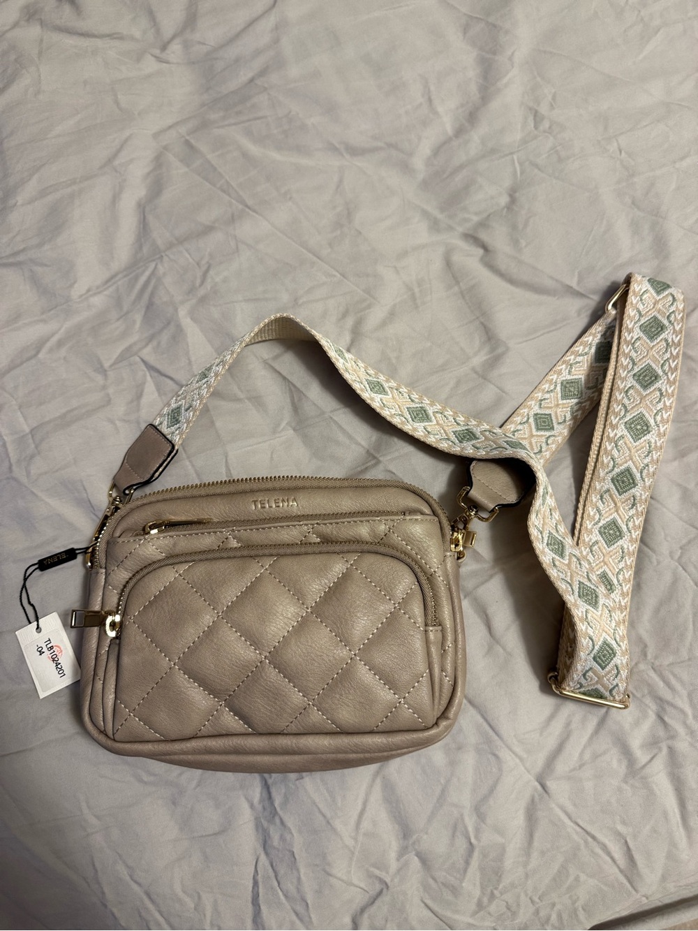 Quilted Taupe Crossbody Bag with Patterned Detachable Strap